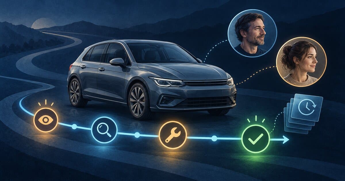 Illustration of a vehicle tracked through a defect's journey (observation, diagnosis, repair, resolution), with history and sharing between two accounts.
