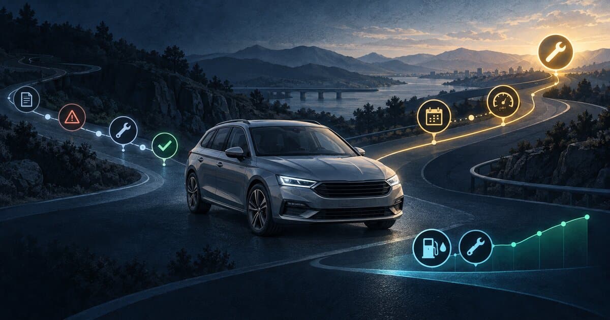 Illustration of a vehicle on a winding road, with its maintenance steps, costs, and deadlines symbolized by icons along the journey.