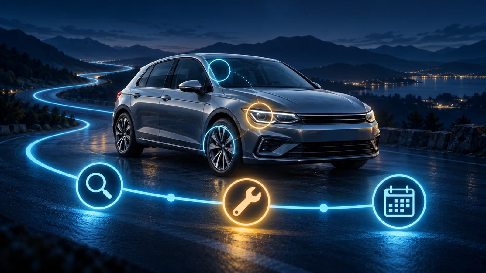 Car surrounded by glowing markers and a path linking observation, repair and preparation for a vehicle inspection appointment.