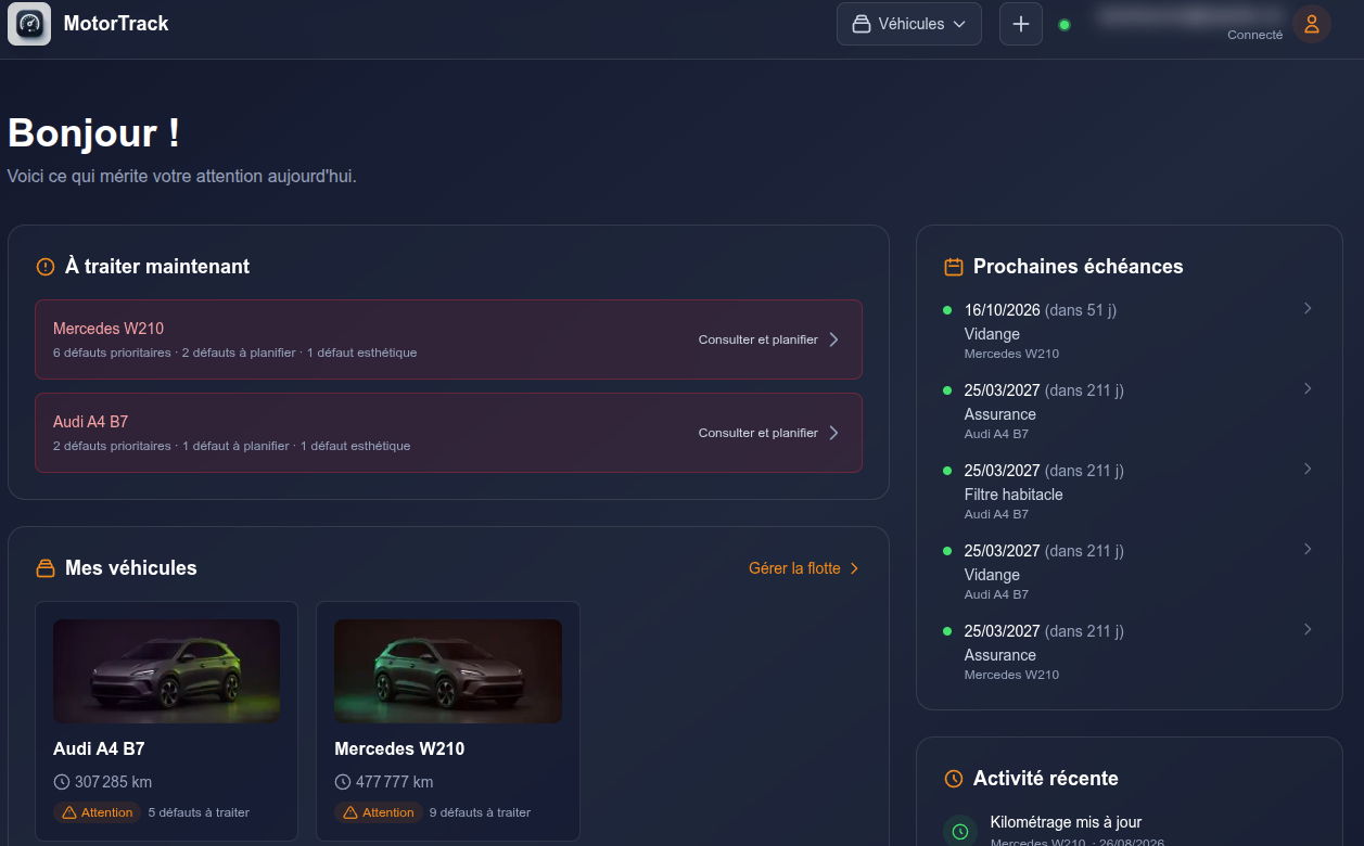 MotorTrack dashboard: vehicles requiring action, upcoming deadlines, and the account's fleet