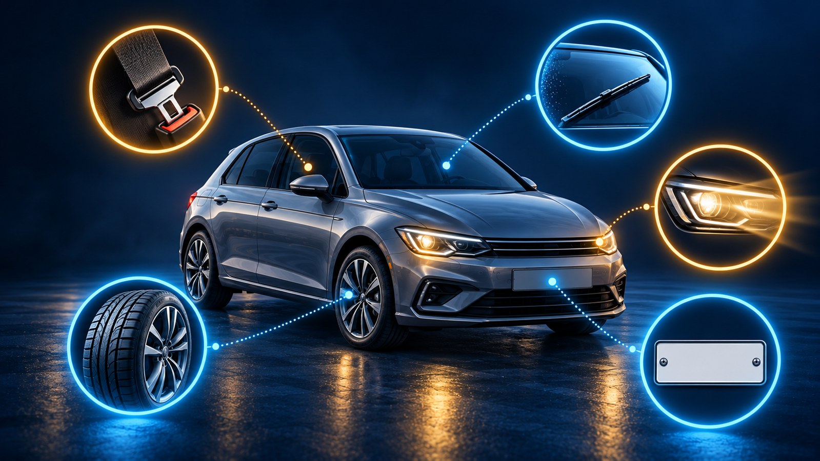 Five points to check before a vehicle inspection: lights, windscreen and wipers, tyres, seat belts and registration plates.